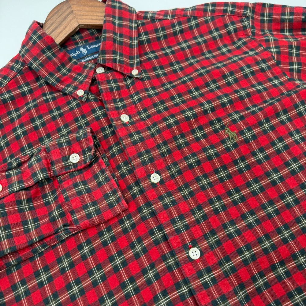 Polo Ralph Lauren Mens Large Classic Fit Red Black Plaid Flannel Shirt L